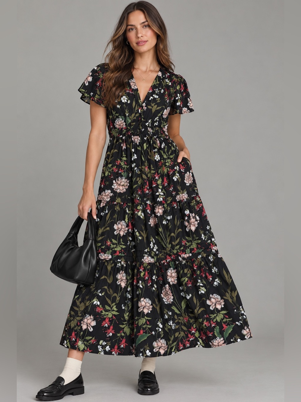 Anthropologie Black Floral Wrap-Style Tiered Maxi Dress